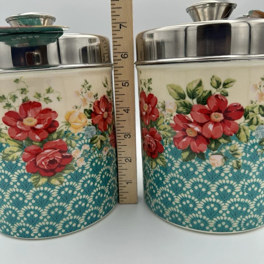 (2) Pioneer Woman Treat Jar Tin Floral Canister Set